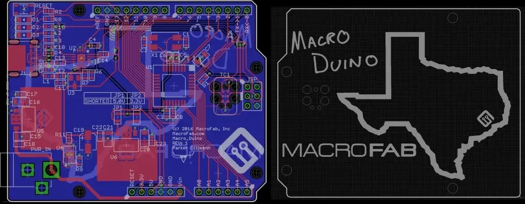 Figure 11: Macro_Duino layout in Eagle. Check out the rad silkscreen on the back!