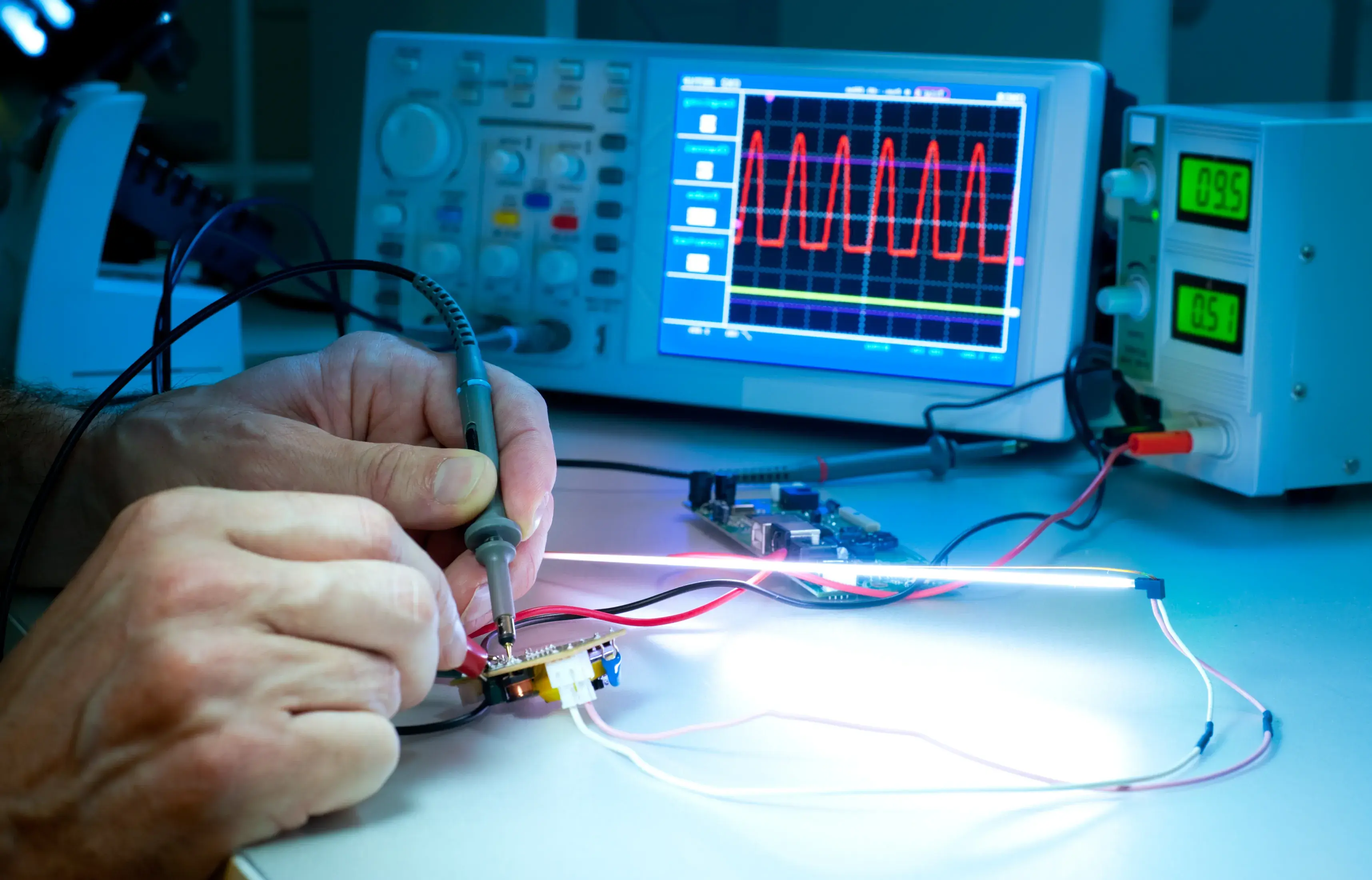 Mans hands testing pcba electronic equipment