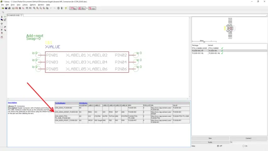 Figure 3: The MF_Connectors library for Eagle showing the CON_02X03_AVRISP_TC2030-IDC.