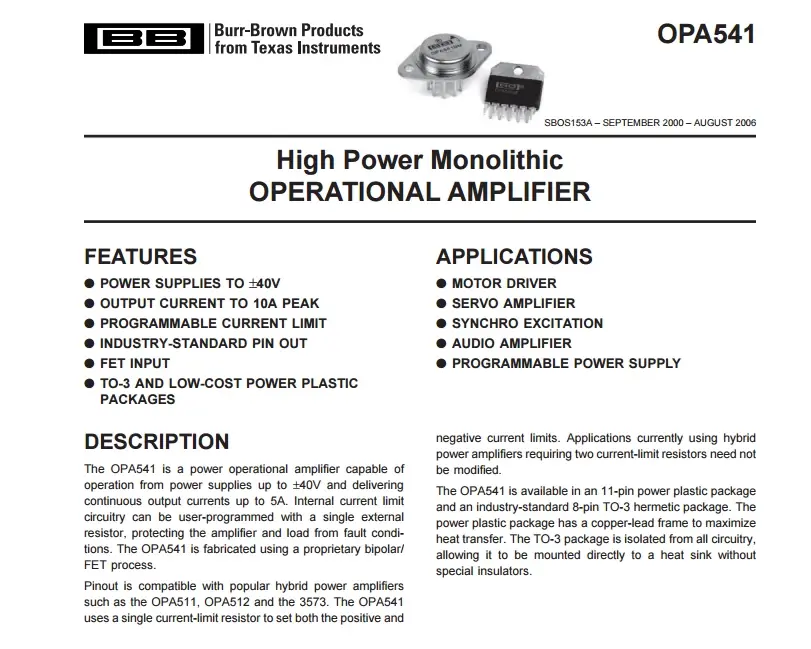 Figure 1: OPA541 Datasheet Page 1