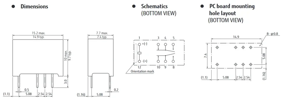 A relay layout denoting that the hole layout and schematics are from bottom view.