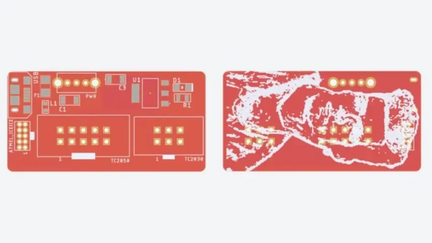 Board render of the Atmel ICE to Tag Connect adapter.