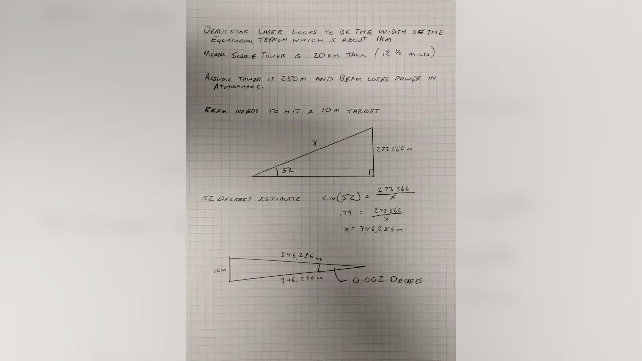 Figure 5: Calculations for how many degrees of accuracy the Death Star needs to hit a target