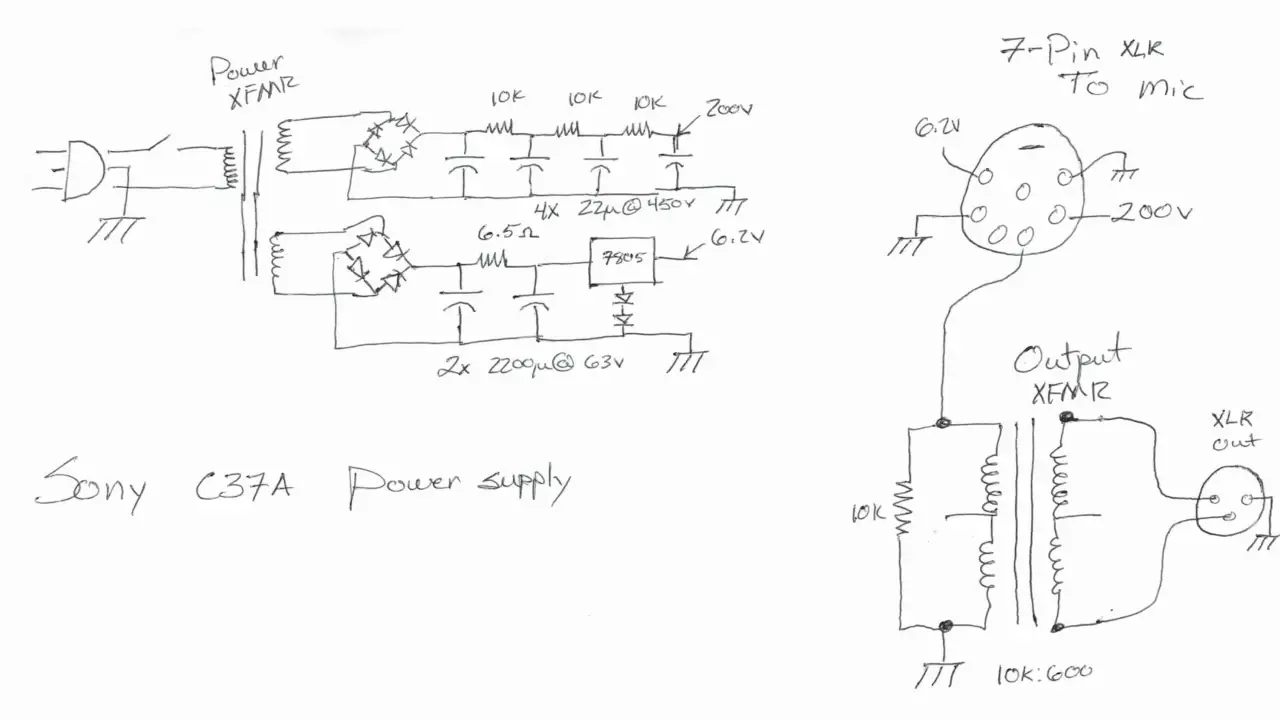 Figure 1: Schematic for the power supply Stephen made for Josh’s microphone. Drawn by Stephen. Figure 1: Schematic for the power supply Stephen made for Josh’s microphone. Drawn by Stephen.