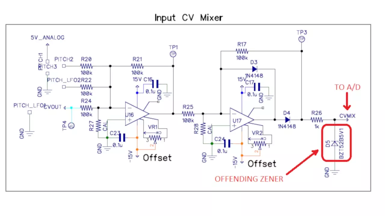 Figure 2: The offending zener diode in Stephen’s synth design.