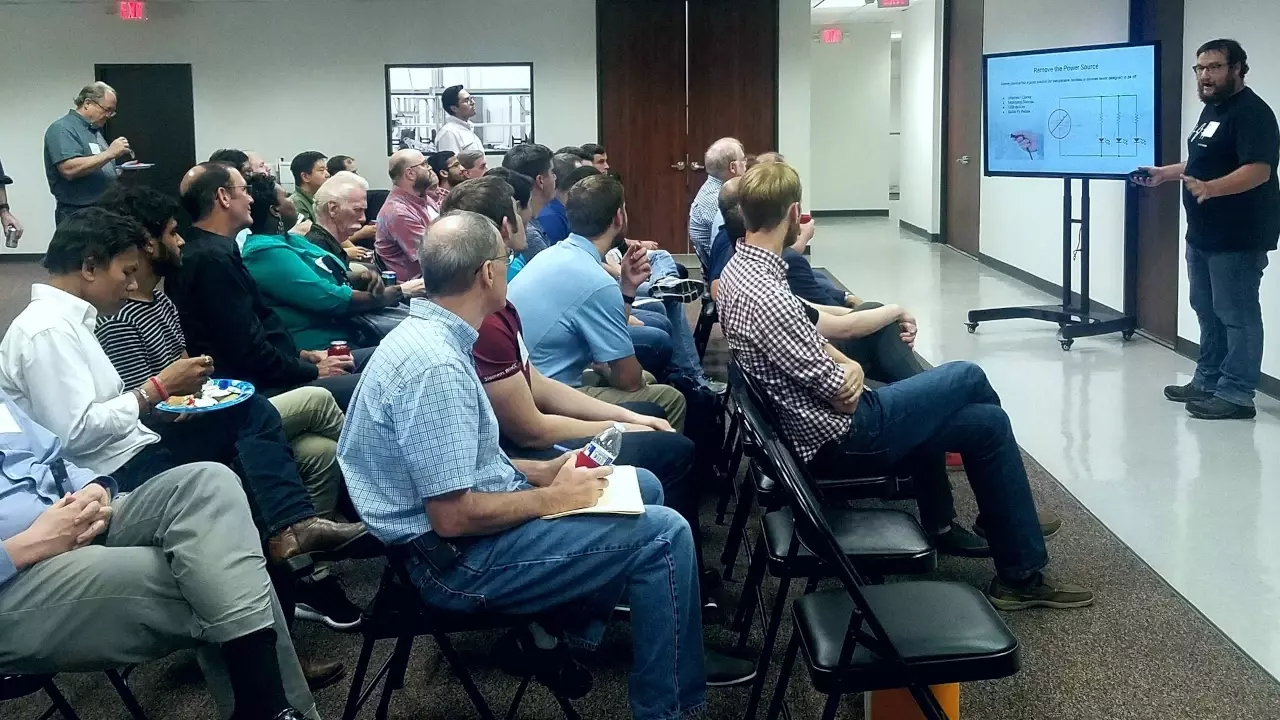 Figure 1: Parker giving his talk on Ways to power your product at the monthly hardware meetup.