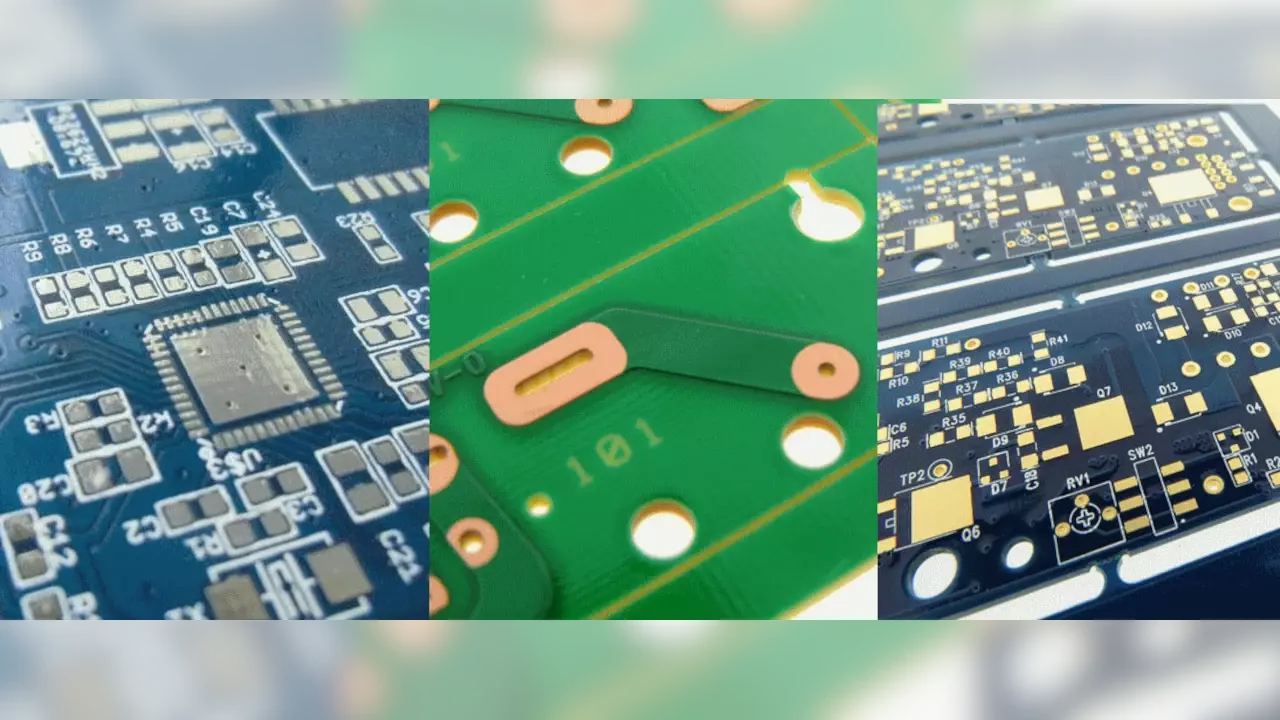 Figure 1: PCB Surface Finishes. Left to Right: HASL, OSP, ENIG.