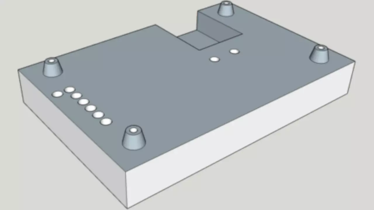 PCB holder and alignment part. This will be 3D printed and then mounted on the test fixture PCB.