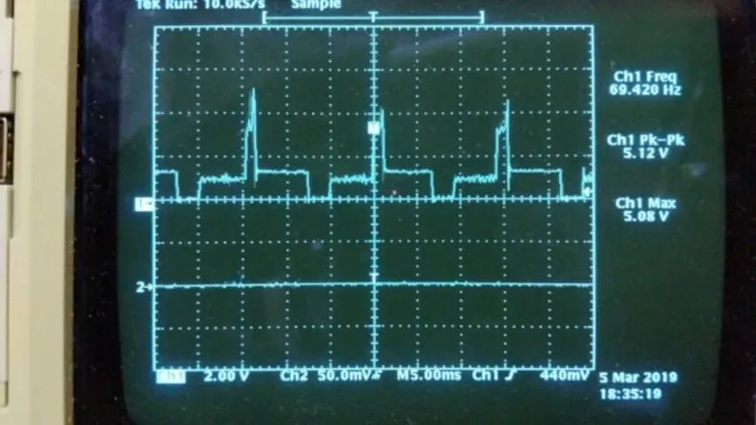 Signal from the distributor tachometer output. This is through a 10X probe.