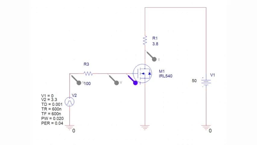 Simulation schematic for the PinoTaur. IRL540 mosfet with a 100 ohm resistor to keep the drive strength of the 74HC595 in check.