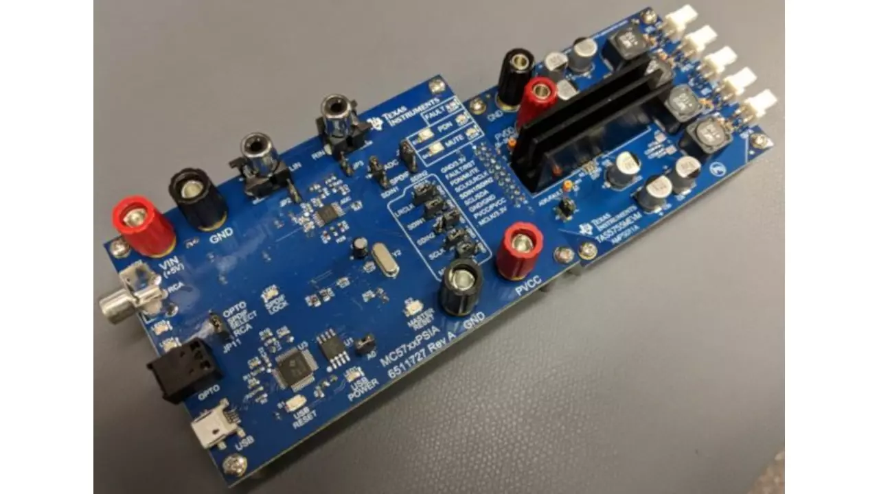 TAS5755MEVM evaluation board for the TAS5755 I2S Class D amplifier.