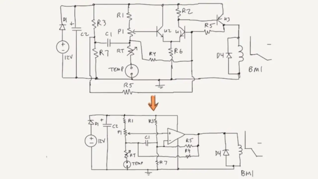 Tom Anderson’s revised A/C control module schematic. Its a opamp comparator circuit!